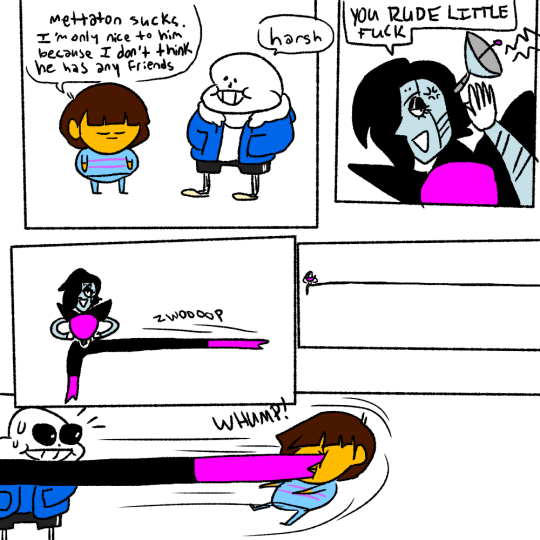 death–420:  death–420:  do u think mettaton can extend his leg really far like what if frisk was talking shit abt him from 90 miles away and he just took a leg and kicked their ass   