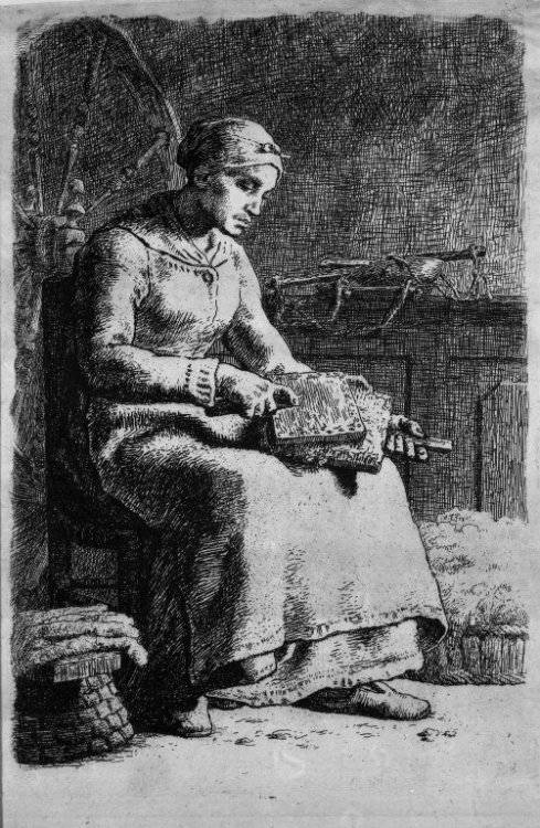 Woman Carding Wool, 1855, Jean-Francois MilletMedium: etching,paper