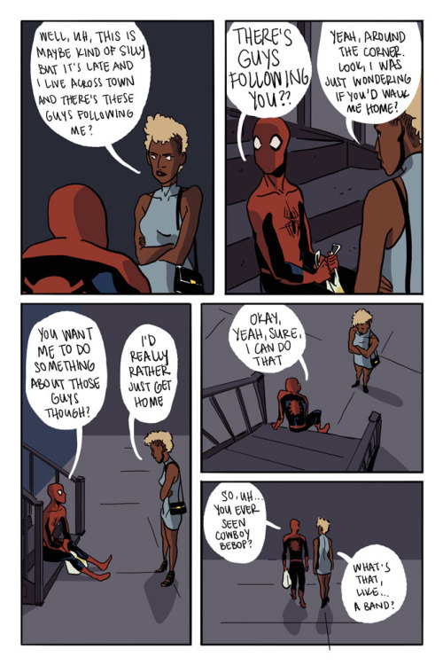 mingdoyle:  hannahblumenreich:  that take-out is going to be freezing by the time it gets home.   Fave Spidder-Min comic ever? Yes. It is relevant to my life and I finally feel like I can connect with this guy. 