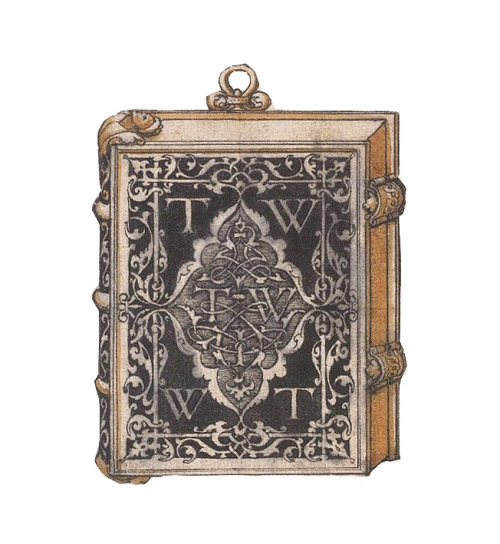 Hans Holbein, design for a metalwork book cover, 1537. Drawing. 8 x 6cm. England.Small girdle books 
