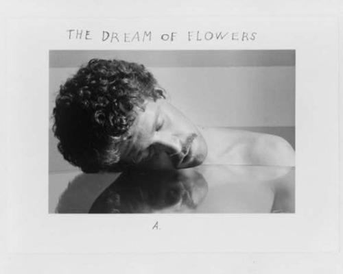 superbestiario:  Duane Michals - The Dream of Flowers, 1986 A sequence of four photographs made in 1986 “The Dream of Flowers” shows the head of a young man, eyes closed, resting on a glass table that mirrors his head. Each following picture shows