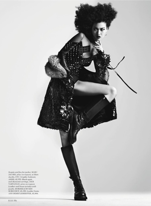 Tian Yi by Txema Yeste for Elle US September 2013. Knee-high boots by Ann Demeulmeester. Editorial: 