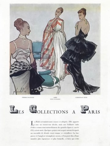 Evening Wear Illustrations from the 1948 Collections of Balmain,Madame Gres and Dior by Pierre Louch