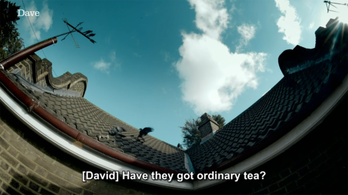 [ID: Four screencaps from Taskmaster, looking up at the blue sky and birds flapping around on the ro