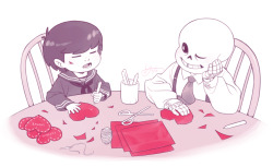 theslowesthnery:  as per usual i forgot that valentine’s day is a thing until the last possible moment and had to scramble to quickly draw something ¯\_(ツ)_/¯ so here’s gangster AU frisk making cards for everyone while being babysat by sans (who