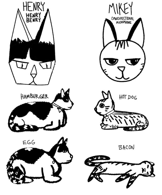 black and white drawings of henry, a large round cat, and mikey, a small long cat. henry is drawn in "hamburger" and "egg" seating positions, and mikey is drawn in "hot dog" and "bacon" positions.