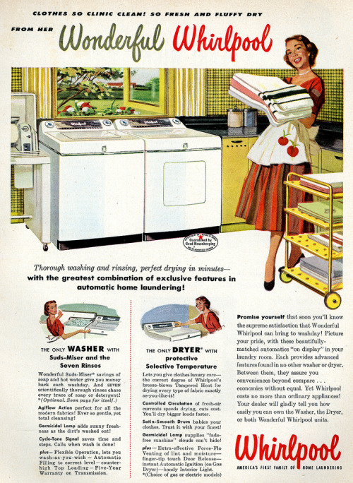 1950s ad. Whirlpool - Clothes so clinic clean.