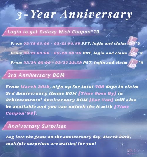 MLQC: 3rd Anniversary Bonusestake note of the dates! °˖✧◝(⁰▿⁰)◜✧˖°