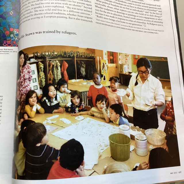 Photograph containing texts and a color photograph of Asawa teaching elementary school students.