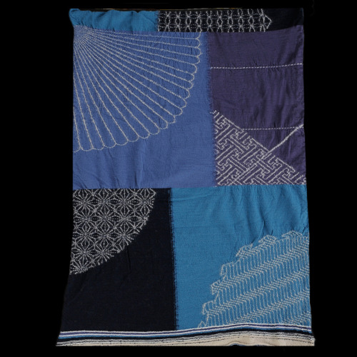 Kapital compressed wool furoshiki patchwork scarf in blue