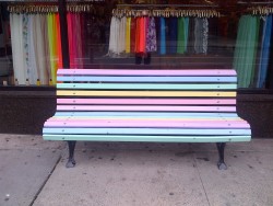 micropolisnyc:  Rainbow bench outside the American Apparel store on Bleecker Street. I thought it was pretty great so I called up the store.  &ldquo;Did you do this because of the history of the LGBT movement in the West Village?&rdquo;  I asked the