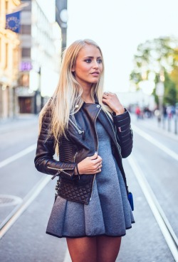 Justthedesign:  Janni Deler Is Wearing A Black Leather Jacket From Boda Skins, Grey