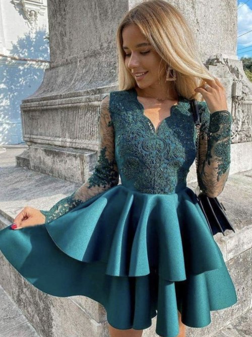 shinyparty: Long Sleeves V Neck Short Green Lace Prom Dresses, Long Sleeves Green Lace Homecoming Dr