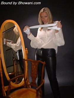 Graybandanna:  Lucy Zara Gags Herself In The Mirror With A White Scarf Before Being