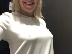 misspollyx:  Ditched my bra at the shops to try on a few tops ;) like?