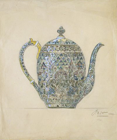 Fedor Ruckert, design for cloisonne enamelled tea or coffee pot, 1910. Moscow, Russia. Via V&ATh