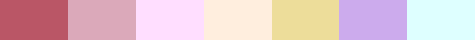 cyurei:  palette 6 "プリンセス" colour codes: #bb5566, #ddaabb, #ffddff, #ffeedd, #eedd99, #ccaaee, #ddffff art source // cyurei 