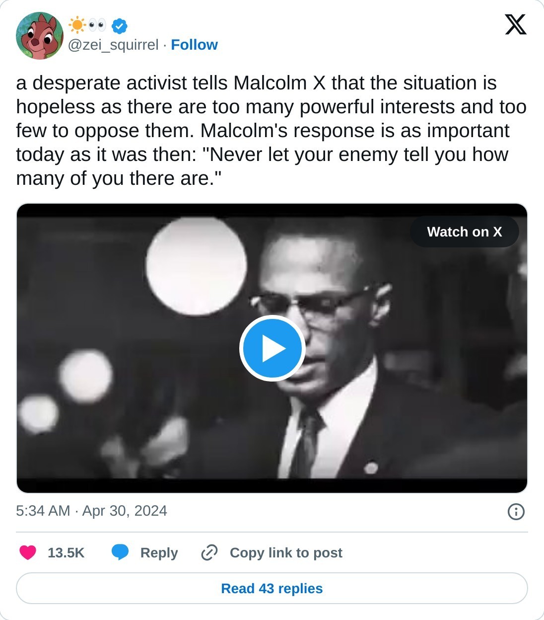 a desperate activist tells Malcolm X that the situation is hopeless as there are too many powerful interests and too few to oppose them. Malcolm's response is as important today as it was then: "Never let your enemy tell you how many of you there are." pic.twitter.com/obeKpO9SJr  — ☀️👀 (@zei_squirrel) April 30, 2024