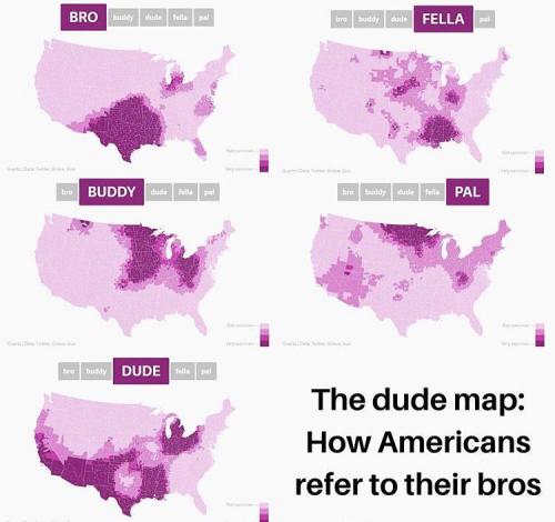 ghostcongregation: mapsontheweb:  How Americans refer to their bros.   the “dude void” in the heart of Texas is so funny 