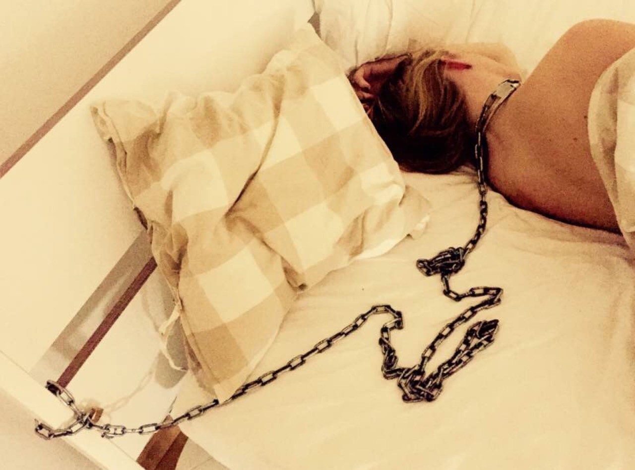broken-doll-on-misfit-island:  Chained and locked to the bed as punishment. If required