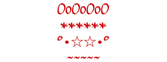 Red text on a transparent background that depicts short lines of symbols, such as five asterisks and a series of uppercase and lowercase O letters.