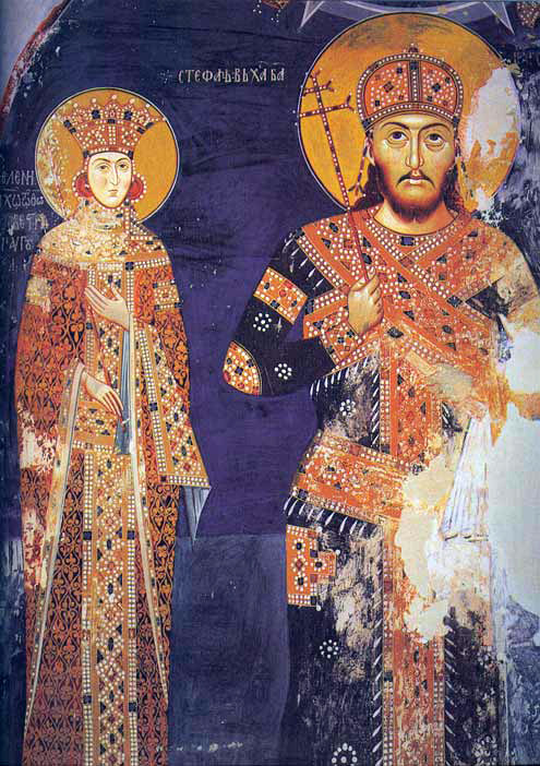 Tzar Stefan Dusan of Serbia and his wife Jelena, icon from the Lesnovo  monastery in Macedonia, mid.