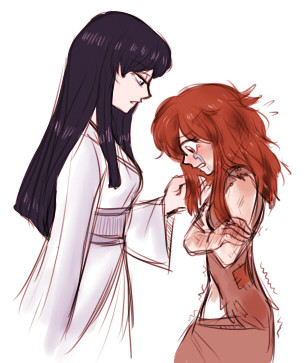   small quick doodle from the fic “the sorceresses heart” where sachiko first encounters yumi in her house tryna steal something shame on u yumi (but not rly cause u cute n hungry i understand)