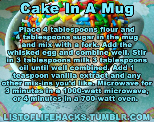 listoflifehacks:  If you like this list of life hacks, follow ListOfLifeHacks for more like it! Microwave Snacks You Can Make In A Mug Part 1 Here 