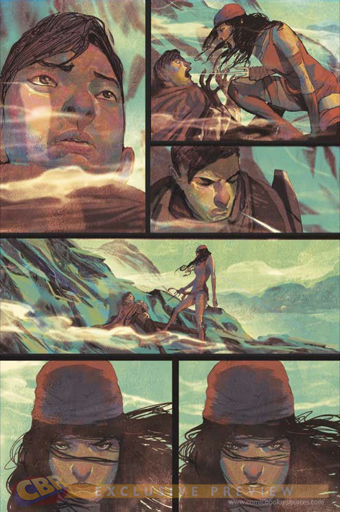 More gorgeous Elektra preview art by Mike del Mundo. Looks like she&rsquo;s taking Scalphunter a