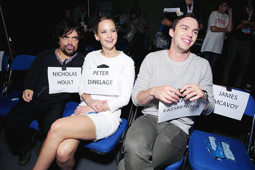 tinashkachingwe:Peter Dinklage, Jennifer Lawrence & Nicholas Hoult at the 20th Century Fox Prese