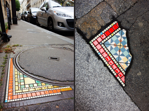 EmEmEmLyon-based artist EmEmEm repairs holes in sidewalks and walls with colorful mosaics. EmEmEm’s 