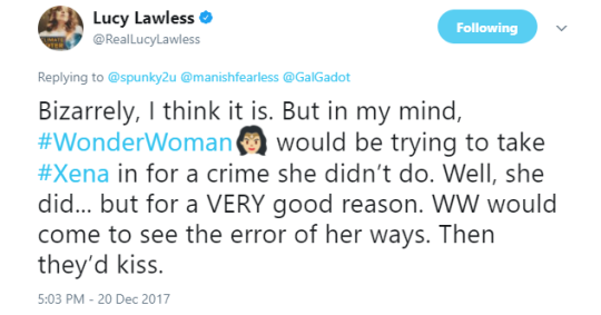 themysqueera: oh-kathryn-my-captain:   themysqueera: quick question what are the chances of xena and diana knowing one another? This tweet came from a conversation about an artwork with Xena and Wonder Woman fighting. Lucy was asked if this was how she