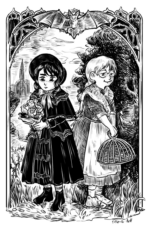 tithe-to-hell: The Mourner and the Rat-catcher (Victorian Gothic yuri AU)[ID: Girl in a lacy mo