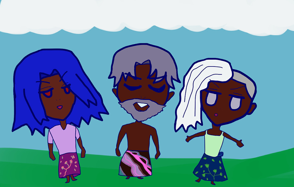 chibi versions of antonio chandrani, dad ranvir chandrani, and raj chandrani wearing lungi. antonio is brown, ranvir and raj are dark brown. antonio has red eyes, an amused chibi look with brows furrowed, ranvir has closed eyes and a grin and looks like he's having a good time hanging around, and raj with silver eyes seems like he's discussing something intense with his arms thrown out. antonio's wearing a lavender shirt and his lungi is violet-pink with pink-and-green flowers upon a branch, a butterfly above, and petals falling about. ranvir is not wearing a shirt and ranvir's lungi has dreamy and wavy lavender-pink-and-teal colors upon darker brown cloth. raj's lungi matches his light green tanktop as a blue with green branched flowers and falling leaves.