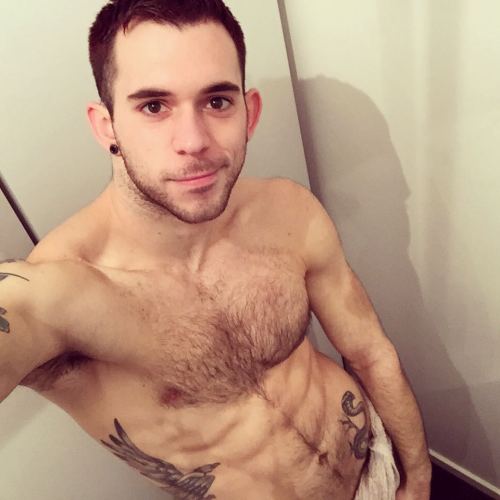 theofficialtro:  That happy moment just after a shower when you feel all clean and fresh… Sadly it is followed by “time to get dressed for a 14 hour nightshift…”   >.<   #selfie #gayselfie #gayboy #me #fit #fitspo #fitness #tattoos #beard
