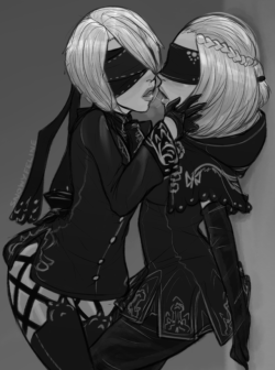 snowyfeline: here’s this boring thing was supposed to be two of the prototype designs for 2B, and i wanted to make them kiss. but at this point they’ll just be separate androids. so yeah. 