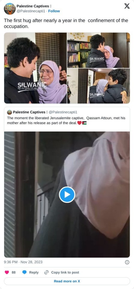 The first hug after nearly a year in the confinement of the occupation. https://t.co/2vSNdnOvWl pic.twitter.com/HGMglbr9Vj

— Palestine Captives 𓂆 (@Palestinecapti1) November 28, 2023