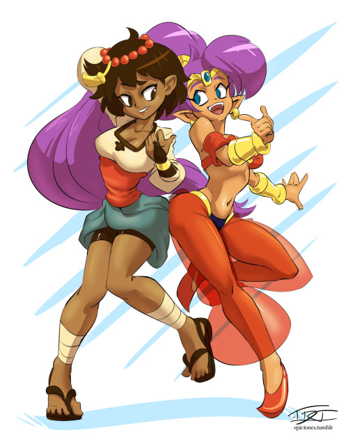 grimphantom2:  epictones:  I’m still getting notes on the sketch of Shantae and Rottytops cosplaying as the Dirty Pair pair, so here’s a more competent-looking version for sharing. Below is the edit with Indivisible’s Anja. Congratulations to Lab