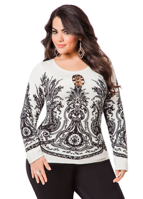 Nicole Zepeda in Ashley Stewart Printed Pullover
