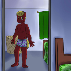 Wheater admiring himself in the mirror, in varying undergarments.