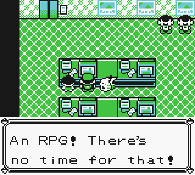 screenshot of Pokemon Yellow on Game Boy Color - "An RPG! There's no time for that!"