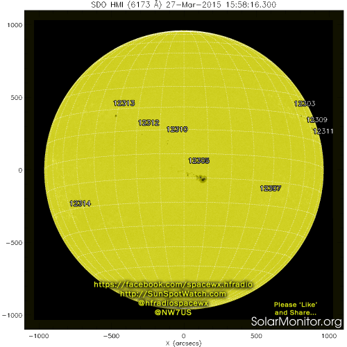 Daily solar report: Current Sunspot Cycle 24 Activity and Space Weather
Sunspot count: Sun Spots: 103 as of 03/26/2015 10.7-cm Radio Flux: 136 SFU (SFU=Solar Flux Units) Estimated Planetary A-index (Ap): 8 | K-index (Kp): 1
Solar Wind: 394 km/s at...