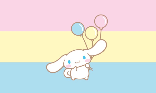 An image of a colour picked pansexual pride flag matching Cinamaroll’s colour palette. Cinammaroll is overlaid on it, holding three ballons the colour of the pan pride flag.