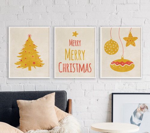  Christmas wall art set of 3 prints, Mustard yellow tree, Mid century modern wall art, Merry Christm