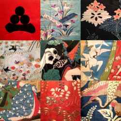 Seduction. Each of these squares are close ups of an actual textile in the exhibition, or a textile depicted in a woodblock print or painting. 