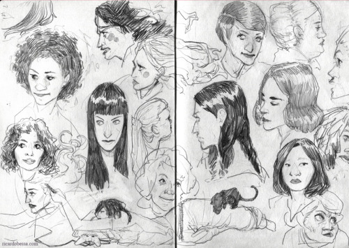 ricardobessa:  I’m done with my current sketchbook  and I filled quite a few pages with faces. Decided to collect some of my favourite spreads here, in no particular order. I’ve posted most of them already - first one is new, though. Seeing all
