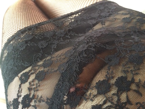 lookwhatsinmypanties:  plikespanties:  Stretchy Lace Dress & Fishnets  A few pics from Monday.   My first pair of seemed stockings & I love how the fishnets look (& feel!) with the lace.   Maybe I’ll post some more?  Gorgeous!💋