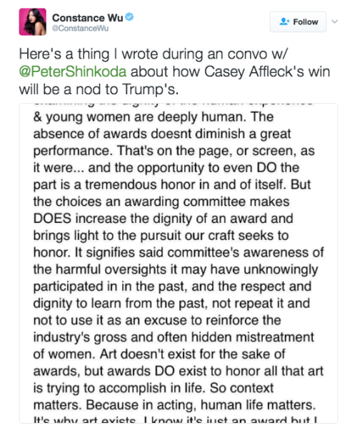 naramdil: refinery29:  Constance Wu is laying her career on the line to remind you that the Oscars have rewarded Casey Affleck for abusive behavior toward women Casey Affleck’s breakout performance in Manchester by the Sea has drawn attention back to