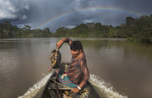 A rainbow breaks through the clouds as a Xikrin warrior returns from a successful hunt in the Amazon