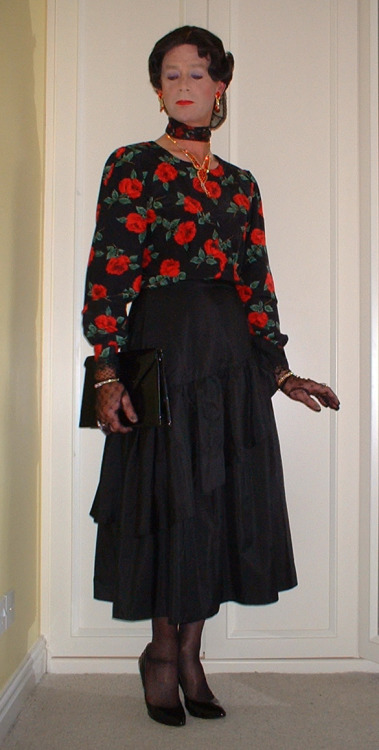 Red Rose Blouse and Flounced Satin Skirt